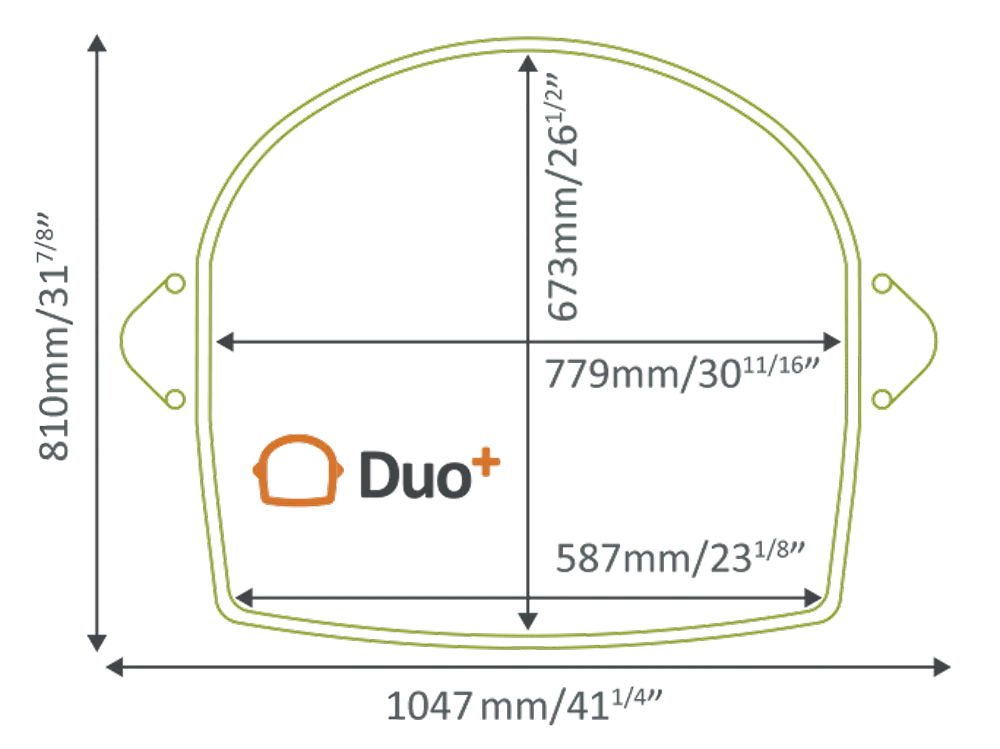 Top-down floor plan showing Stiltz Duo+ footprint dimensions