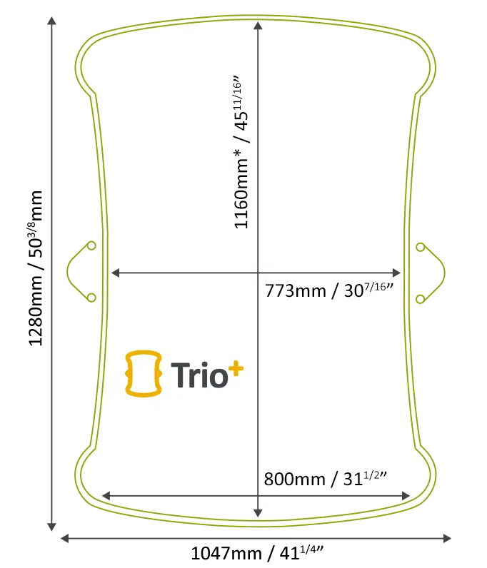 Top-down floor plan showing Stiltz Trio+ footprint dimensions